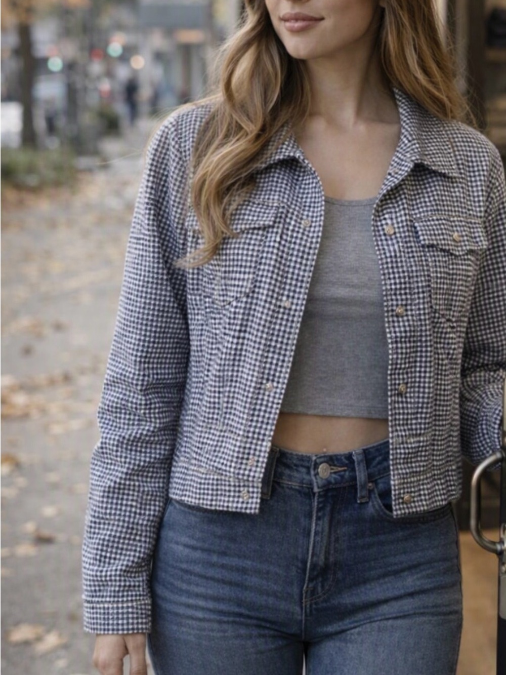 Gingham Button-Front Jacket - Blue